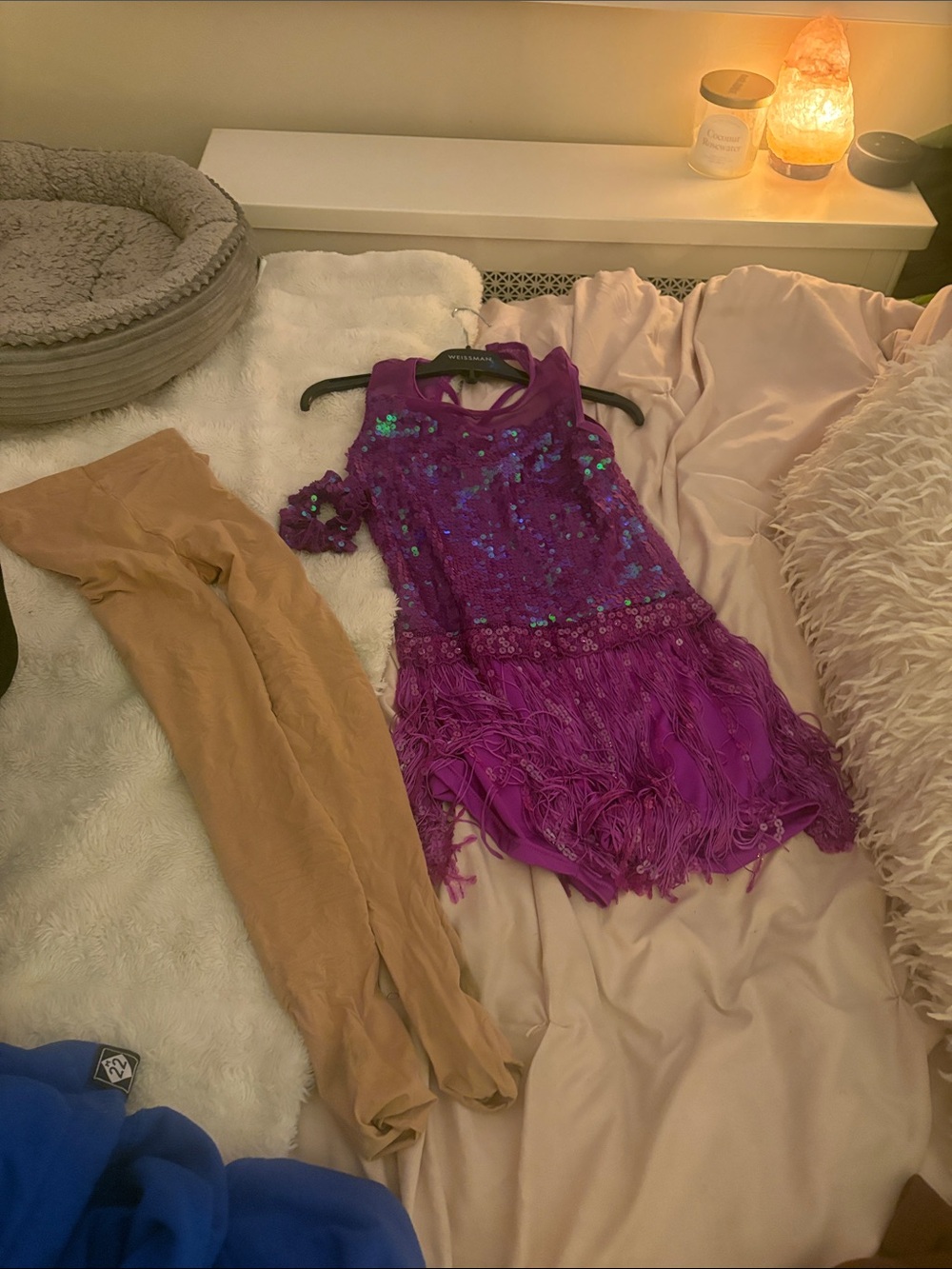 Weissman Purple Sequin Fringe Dance Costume with Scrunchie and tan tights